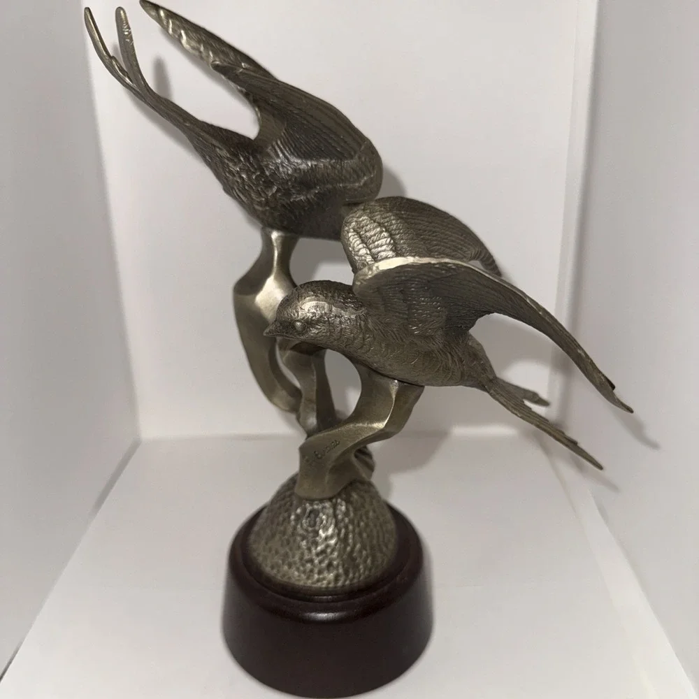 1976 Barn Swallows Irving Burgues Birds‎ Pewter Sculpture Signed Wood Base #1616